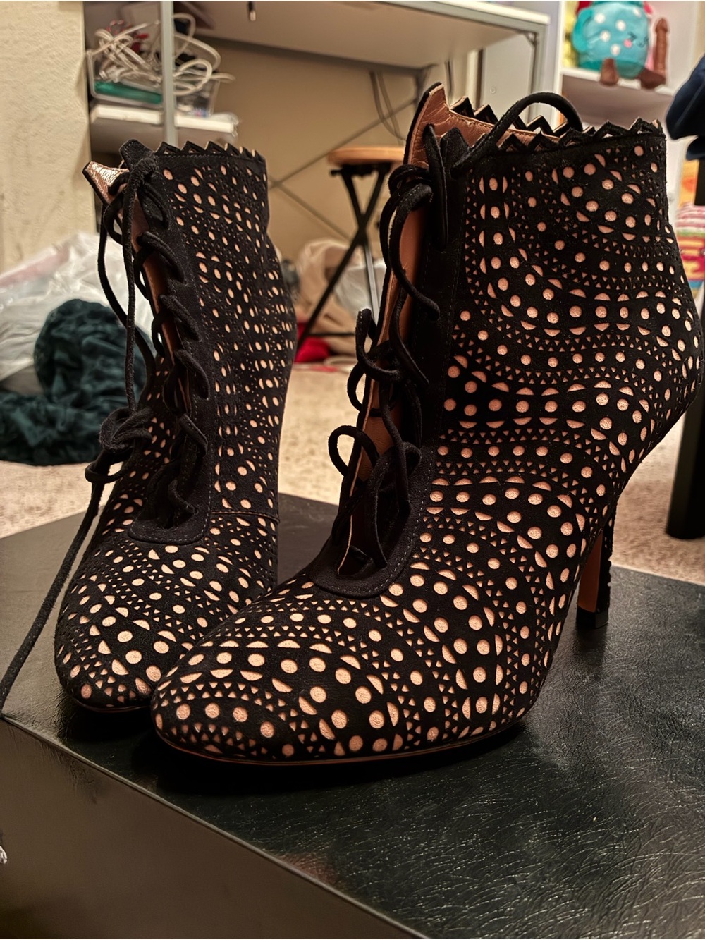Alaia Black Laser-Cut Lace-Up Ankle Boots with Nude Underlay